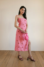 deidei sustainable midi slip dress in pink rose print with thigh slit and square neckline
