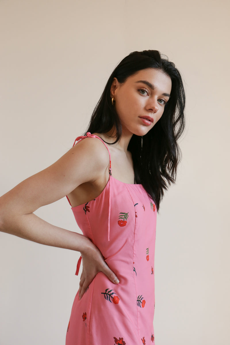 deidei sustainable midi slip dress in pink rose print with thigh slit and square neckline