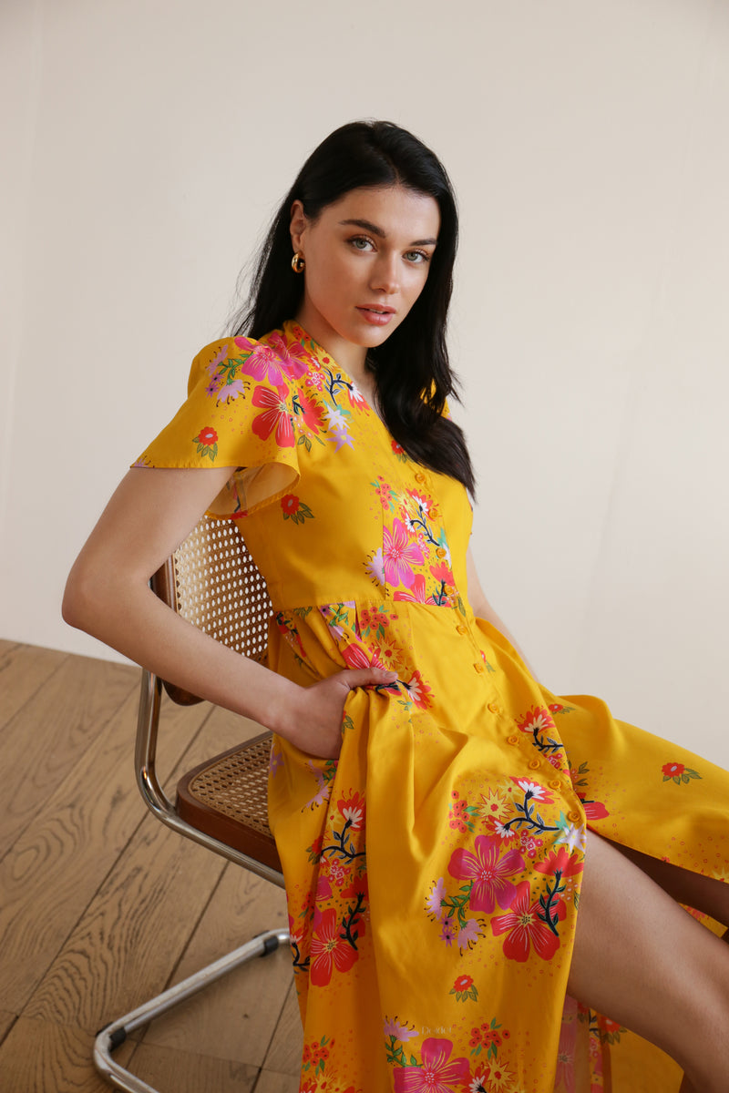 deidei sustainable midi dress in yellow floral print bamboo